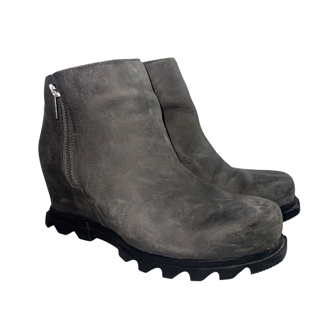Sorel Joan of Arctic Wedge III Zip Boots Quarry Grey Leather Women's 9.5